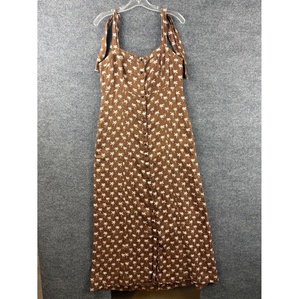 Faherty Linen Kendall Palm Tree Dress Midi Pockets Medium Cottagecore Resortwear